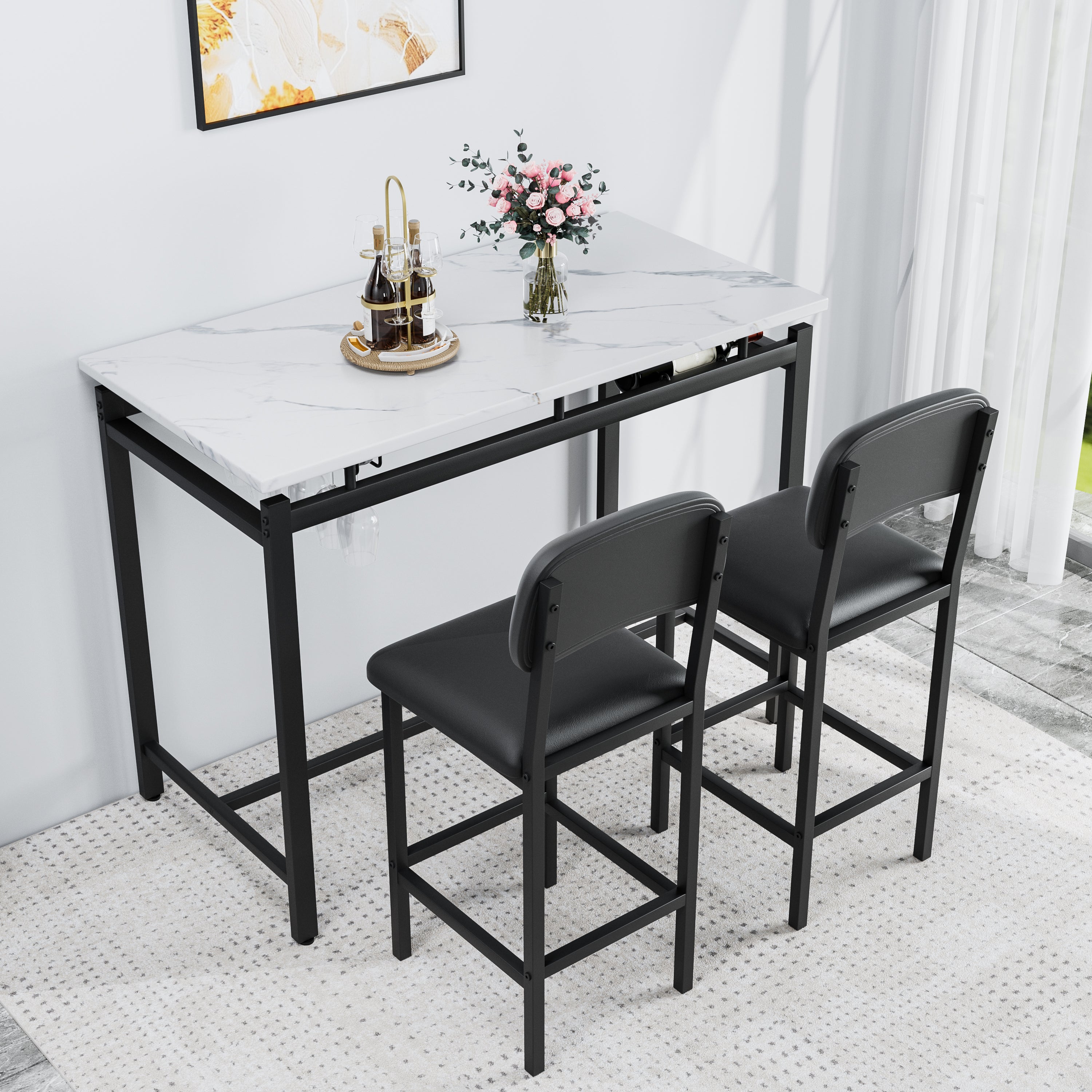 Kitchen Table Set, Dining Table and Chairs for 2, 3 Piece Dining Room Table Set with 2 Upholstered Chairs, Bar Dining Table Set for Small Spaces, Apartment, Breakfast, Pub, Rustic Black - Grand Goldman Shop