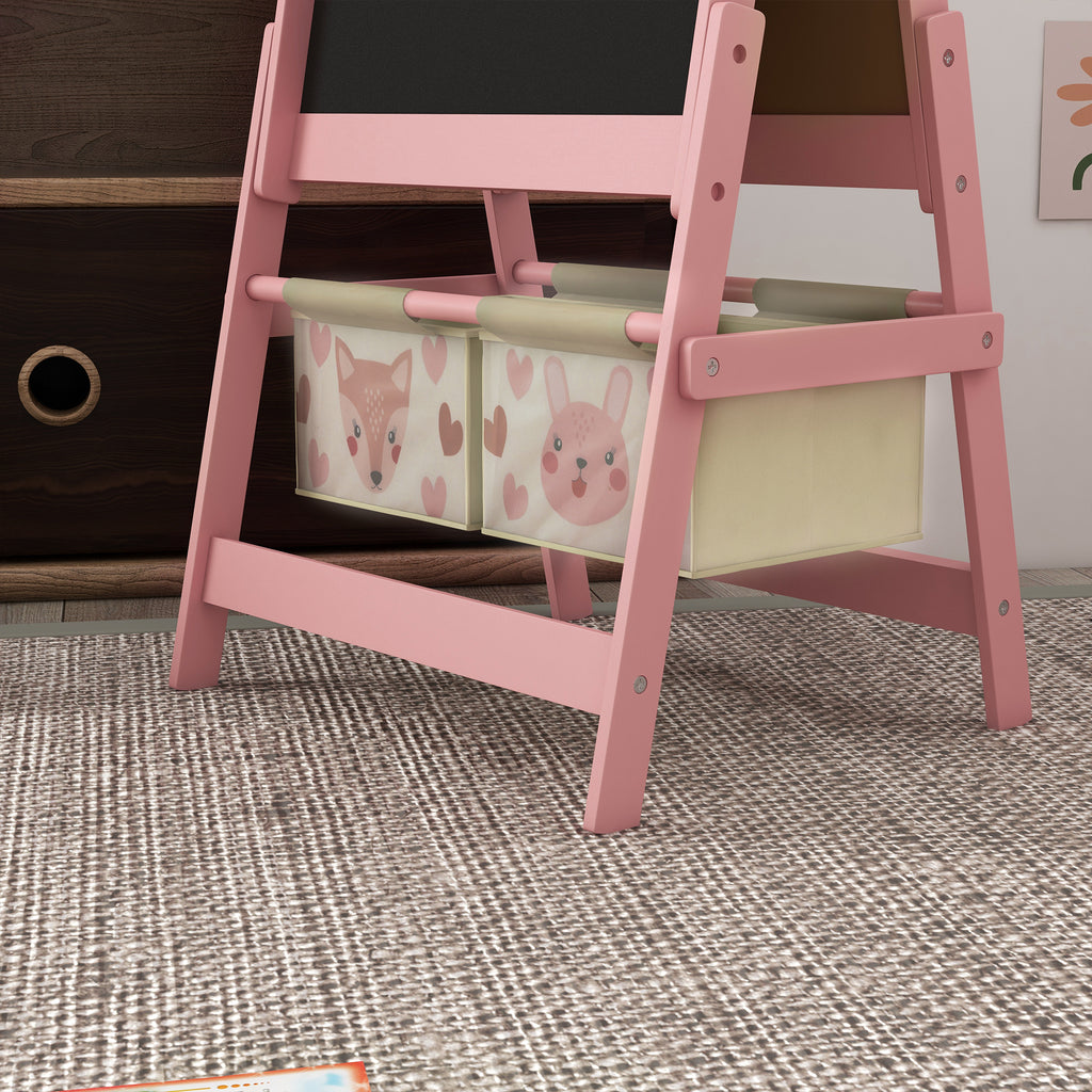 Qaba Art Easel for Kids with Paper Roll, 3 in 1 Toddler Painting Easel with Blackboard, Whiteboard, Storage Baskets, Pink | P