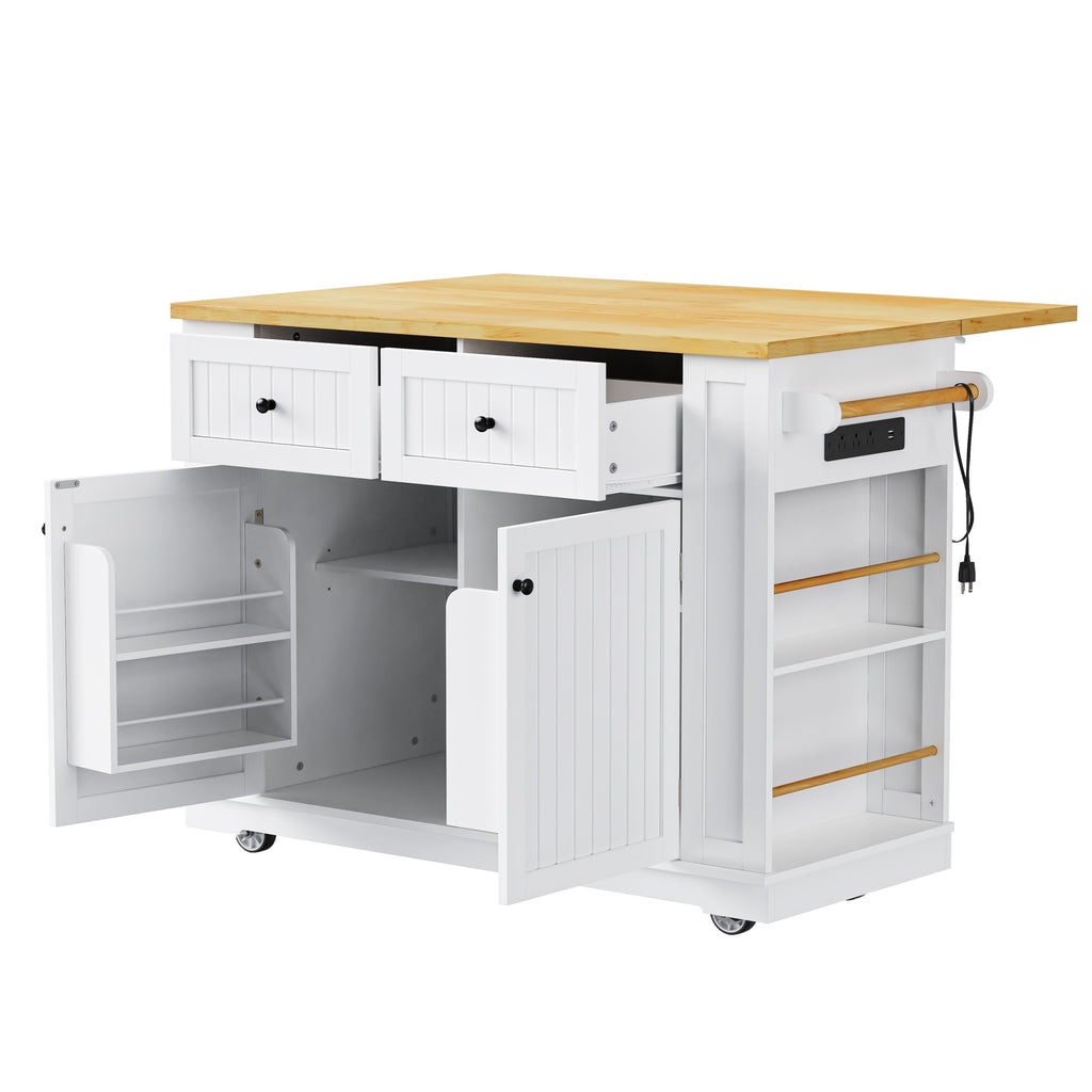 48 inch Kitchen Island with Drop Leaf,Power Outlet,Internal Storage Rack,Rolling Kitchen Storage Cart on 5 Wheels with 5 Open Side Racks for Kitchen,White (Old SKU N707P257057W)(Not Include Stools) - Grand Goldman Shop