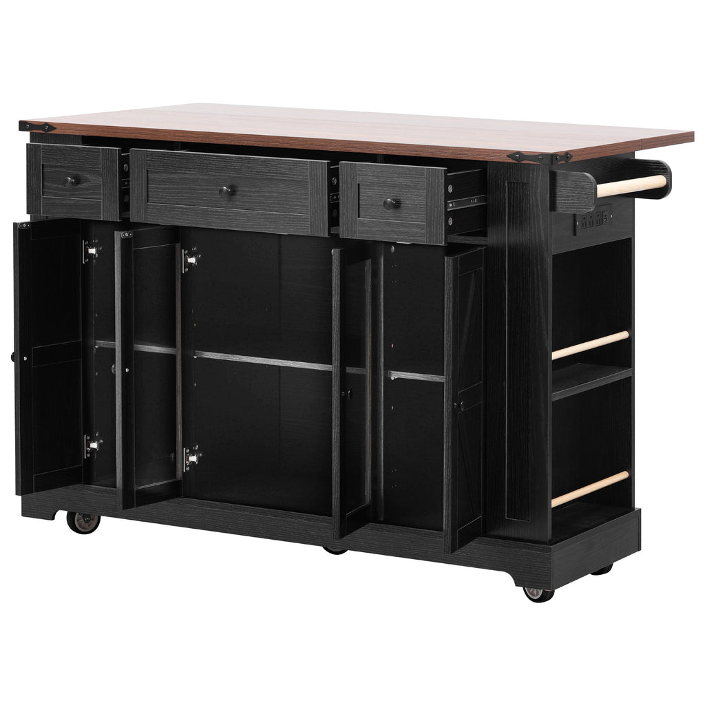 K&K 53'' Farmhouse Kitchen Island with Two Tempered Glass Cabinet Doors, Power Outlet, Rolling Kitchen Cart on Wheels with Drop Leaf, 5 Open Side Racks, 3 Drawers, for Kitchen, Dining Room, Black - Grand Goldman Shop