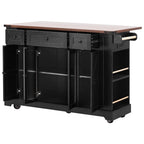 K&K 53'' Farmhouse Kitchen Island with Two Tempered Glass Cabinet Doors, Power Outlet, Rolling Kitchen Cart on Wheels with Drop Leaf, 5 Open Side Racks, 3 Drawers, for Kitchen, Dining Room, Black - Grand Goldman Shop