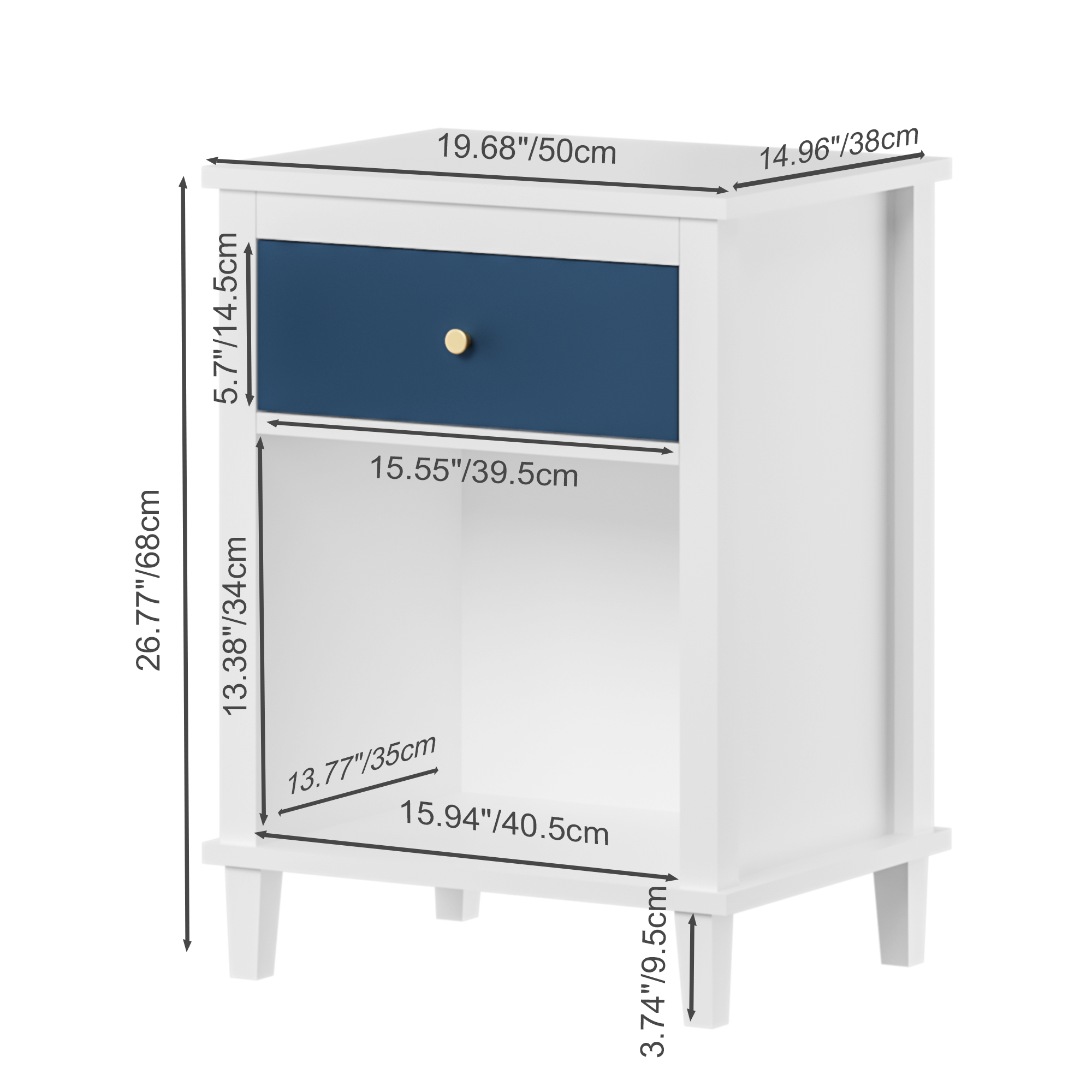 Navy+Golden Handle Wooden Nightstand with One Drawer One Shelf for Kids and Adults, White+Navy Finish, MDF Material, 26.77''H - Grand Goldman Shop