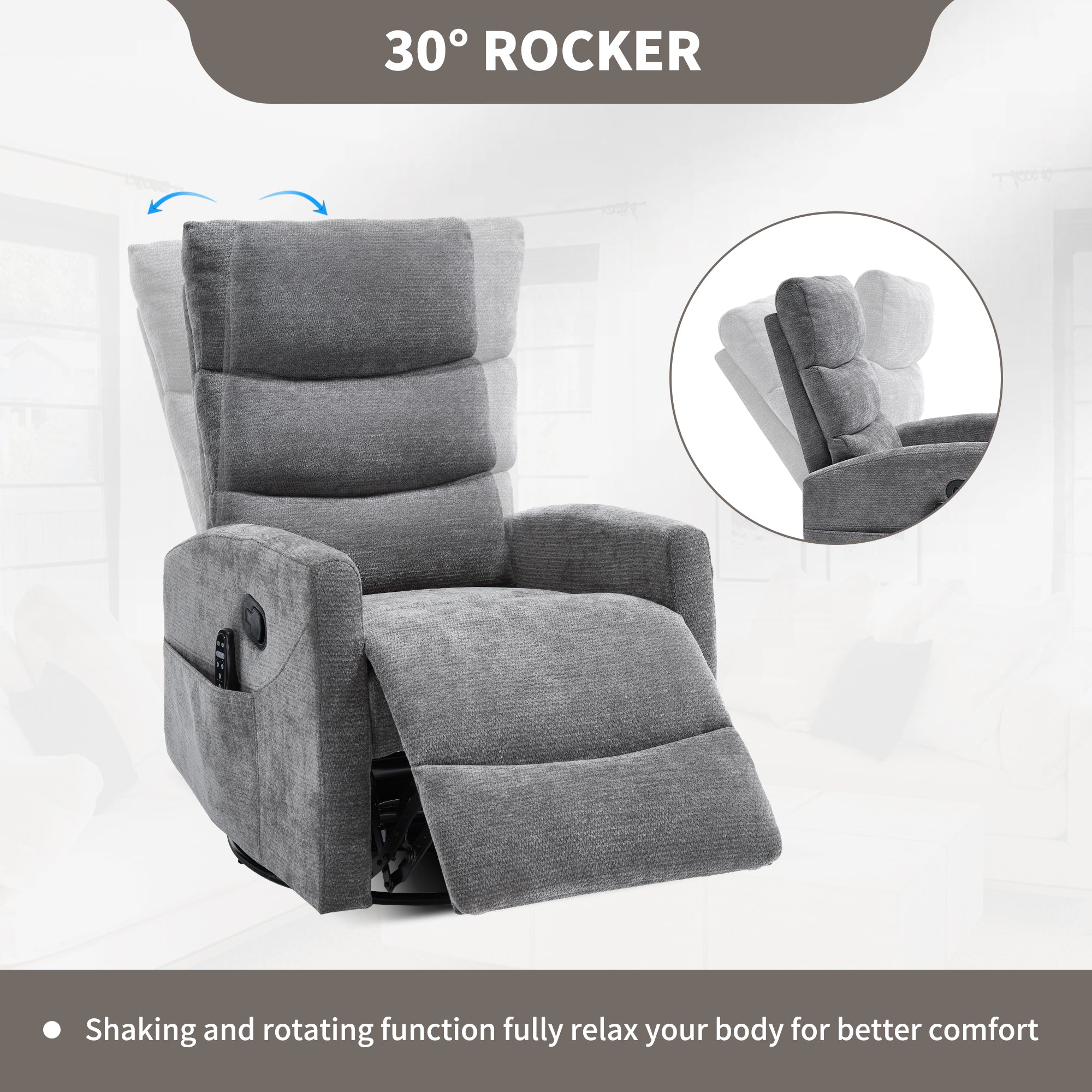 Heat Massage Manual Recliner Chair with Rocker and Swivel in Fabric for Living Room, GREY - Grand Goldman Shop