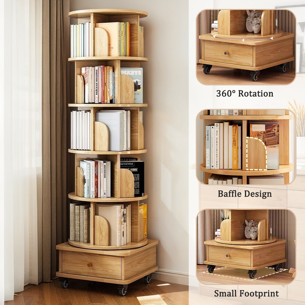 6 Tier Rotating Bookshelf, 360° Display Round Spinning Bookshelf with Wheels and Drawer, Space-Saving, Small Space Rotating Bookshelf Tower for Bedroom, Living Room, Home, Office, Wood Color - Grand Goldman Shop