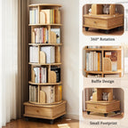 6 Tier Rotating Bookshelf, 360° Display Round Spinning Bookshelf with Wheels and Drawer, Space-Saving, Small Space Rotating Bookshelf Tower for Bedroom, Living Room, Home, Office, Wood Color - Grand Goldman Shop