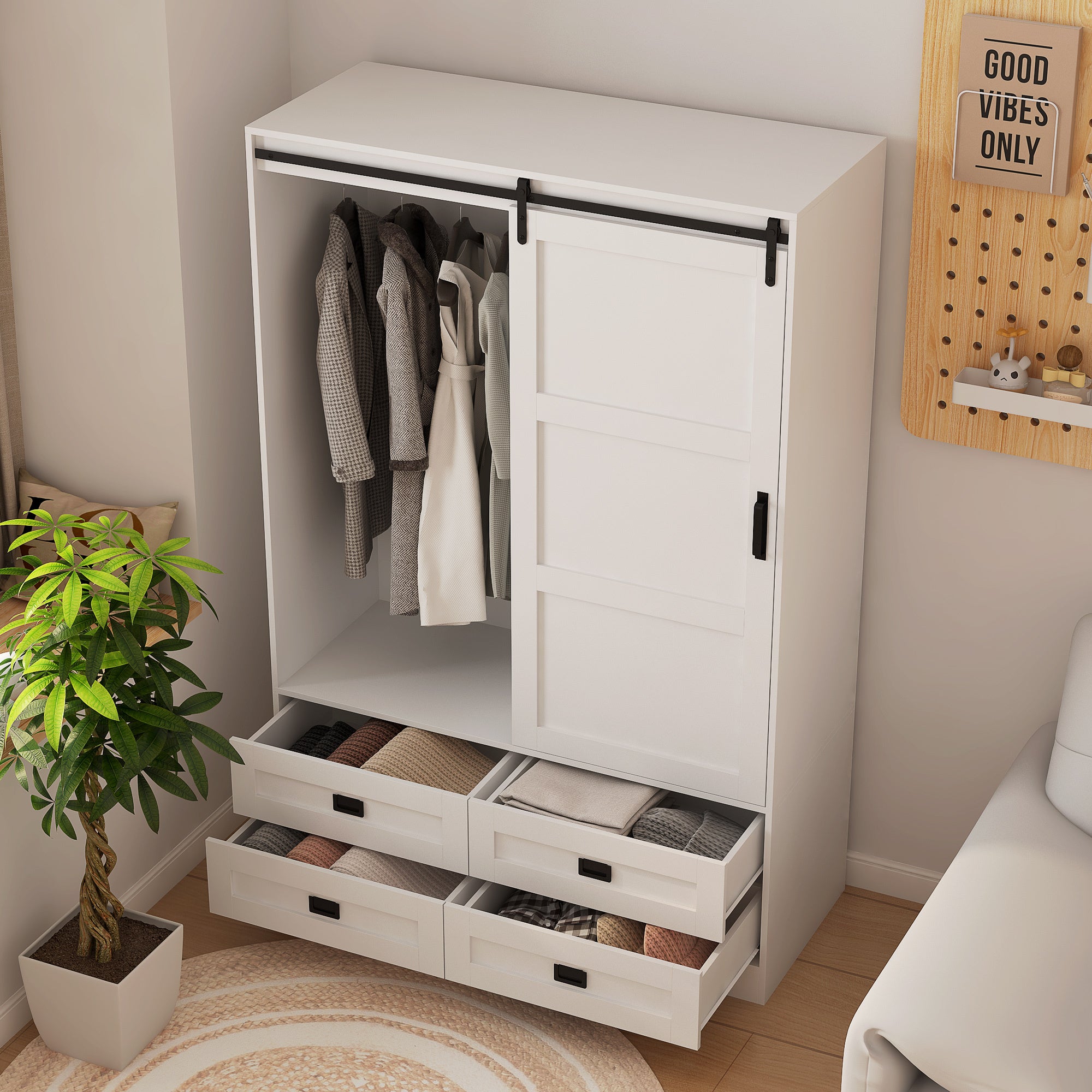 Tall Bedroom Armoire Wardrobe Closet Clothing Storage Cabinet with Hanging Rod Barn Door Drawers Open Shelves - Grand Goldman Shop