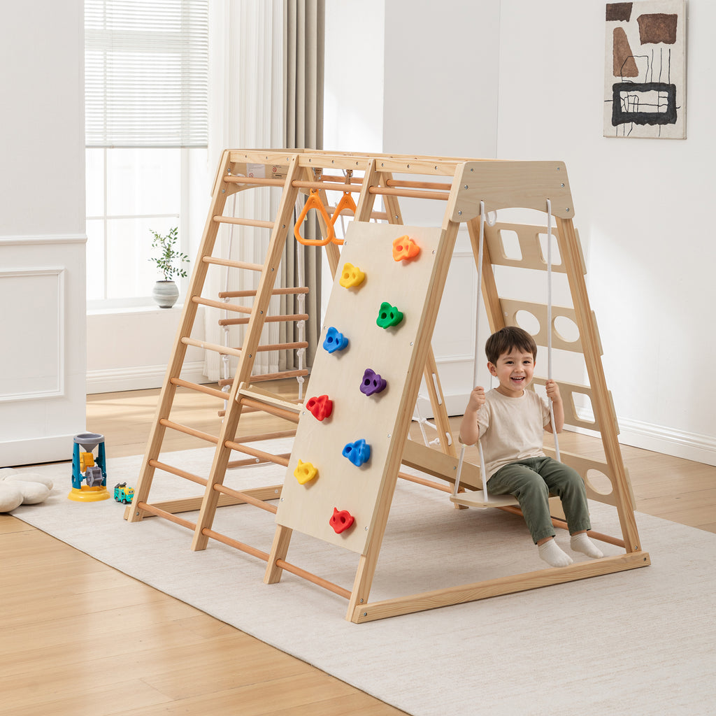 Stylish 9-in-1 Slide and Climbing Wall for Toddlers 3+, Wooden Indoor Play Structure, Heavy Duty 176 lbs Capacity, Safe Round