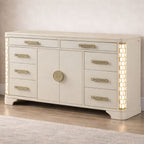 Jasmine Queen 5 Pc LED Bedroom Set in Beige made with Wood and Gold Accents - Grand Goldman Shop