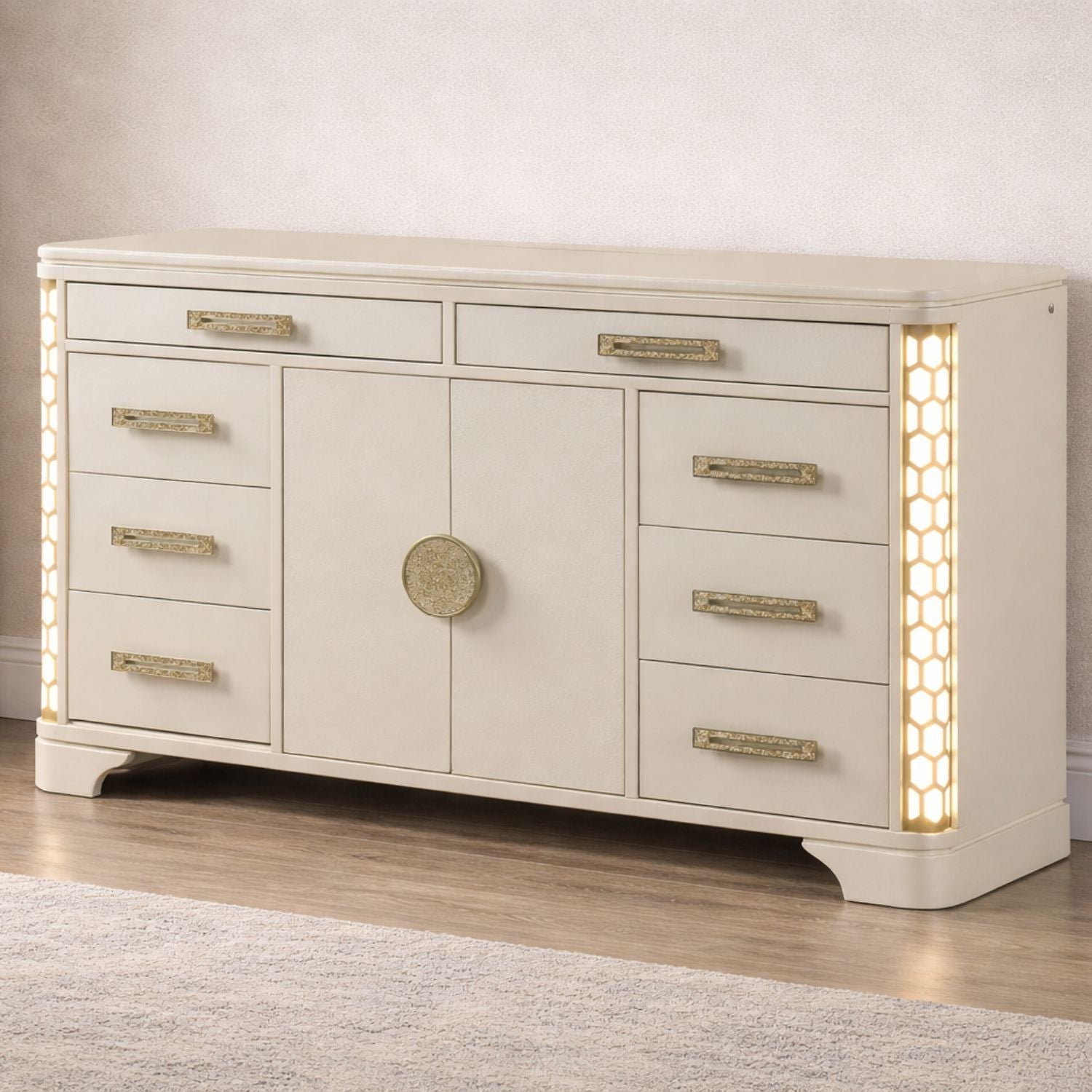 Jasmine Queen 5 Pc LED Bedroom Set in Beige made with Wood and Gold Accents - Grand Goldman Shop