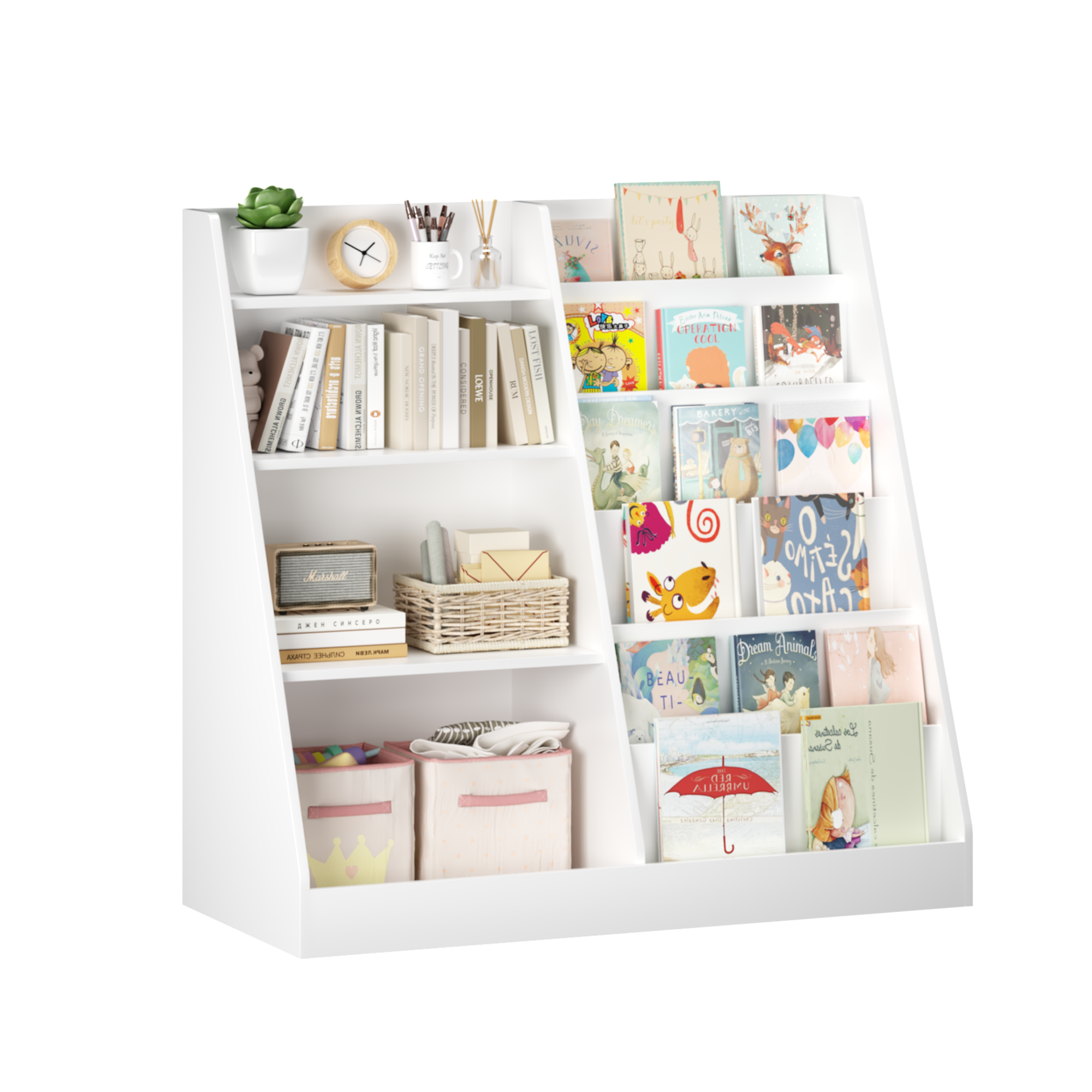 New Kids Bookshelf and Toy Storage Organizer, Multifunctional 4 Tier Wooden Kids Book Shelf with  Bookcase Display Stand in K