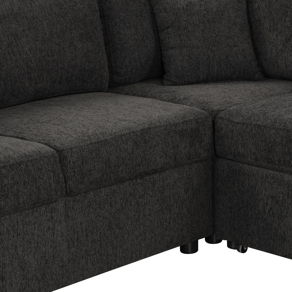 U-shaped Sectional Sofa Pull Out Bed with USB Ports, Power Sockets, Back Pillows & Storage Chaise, Black Chenille, 108.6' - Grand Goldman Shop