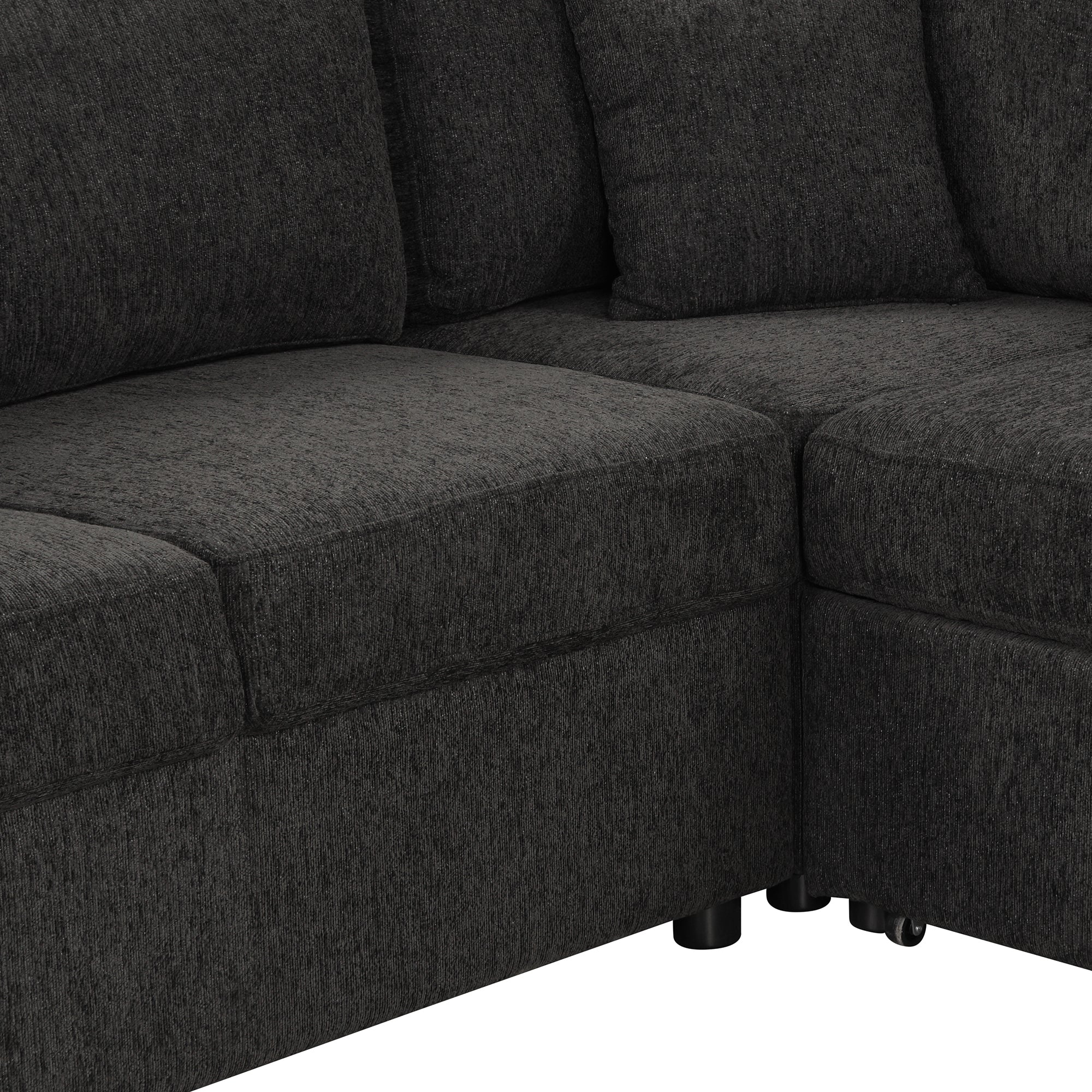 U-shaped Sectional Sofa Pull Out Bed with USB Ports, Power Sockets, Back Pillows & Storage Chaise, Black Chenille, 108.6' - Grand Goldman Shop