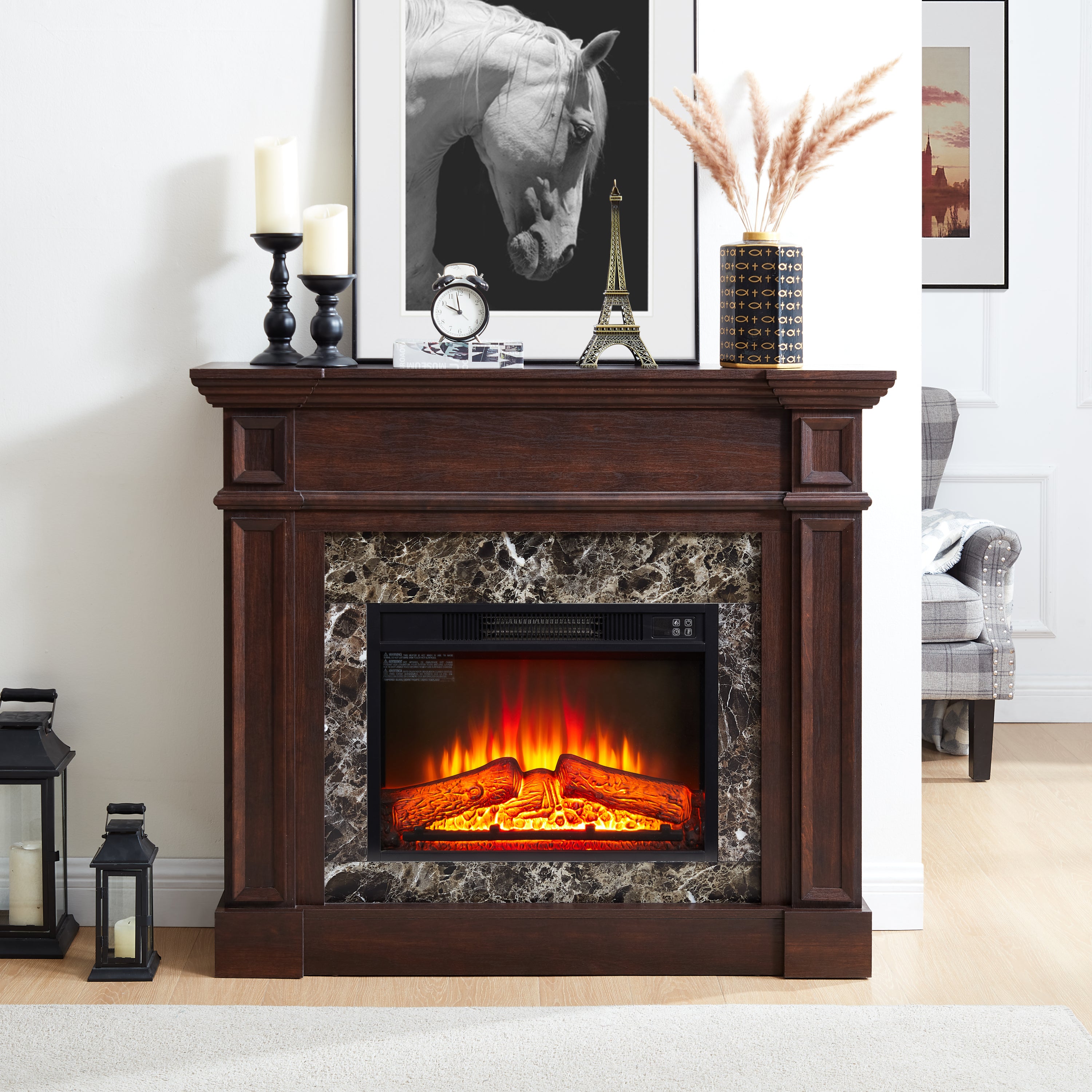 Electric Fireplace with Mantel, Fireplace Mantel, Fireplace Heater Freestanding, Realistic Stacked Stone Surround with Remote Control Timer LED Flame, Cherry, 45.66'W*11.8'D*40'H - Grand Goldman Shop