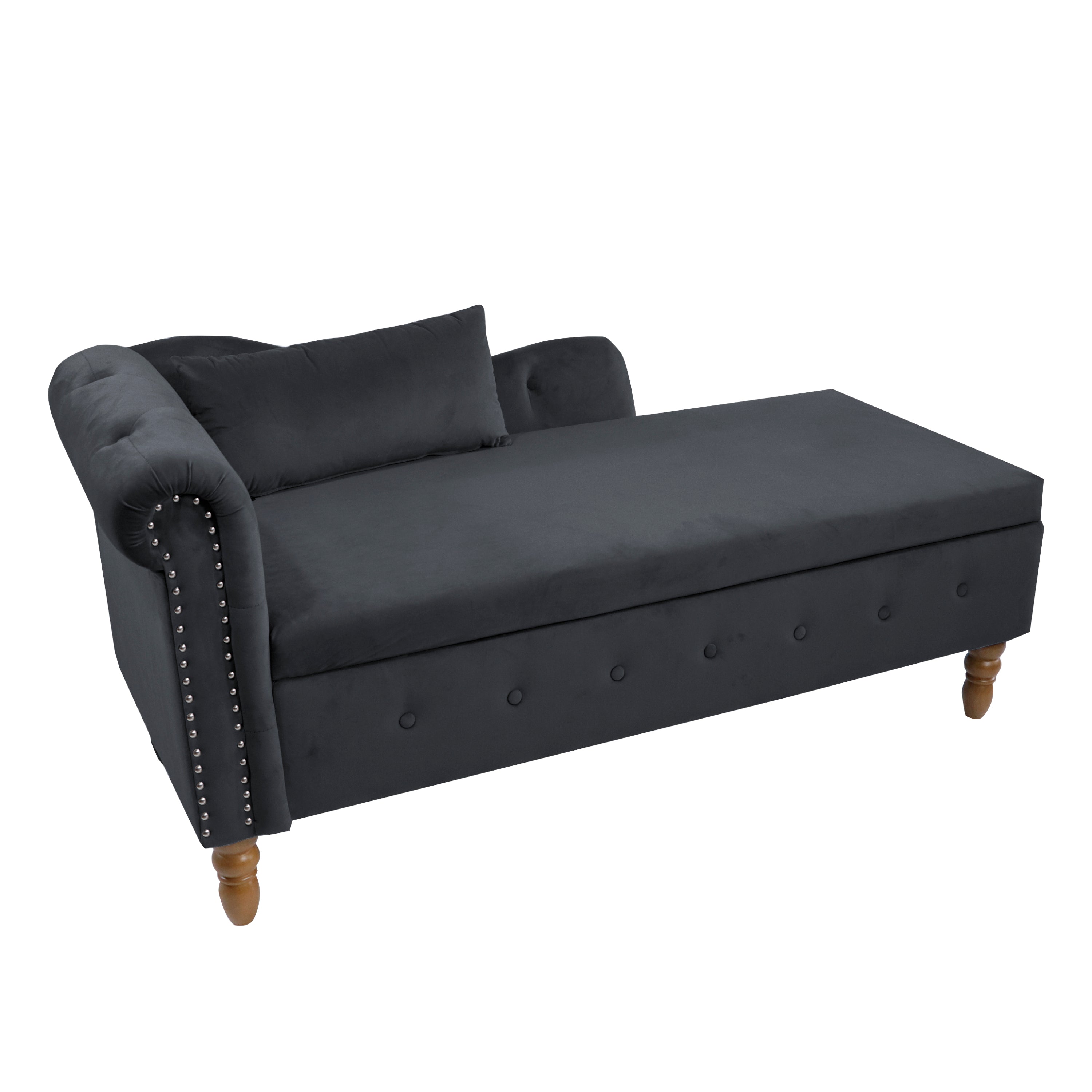 Black Chaise Lounge Indoor, Velvet Lounge Chair for Bedroom with Storage & Pillow, Modern Upholstered Rolled Arm Chase Lounge for Sleeping with Nailhead Trim for Living Room Bedroom Office - Grand Goldman Shop