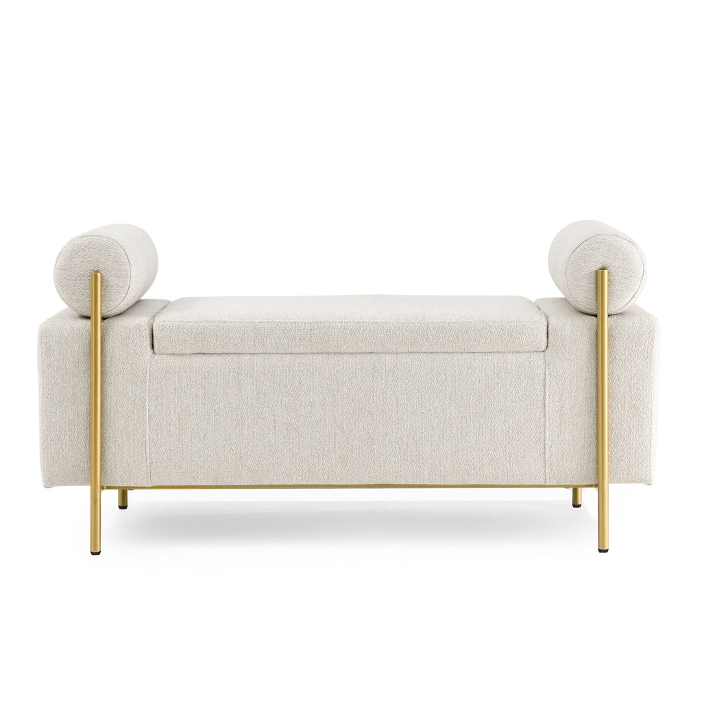 Elegant Upholstered Linen Storage Bench with Cylindrical Arms and Iron Legs, Beige - Grand Goldman Shop