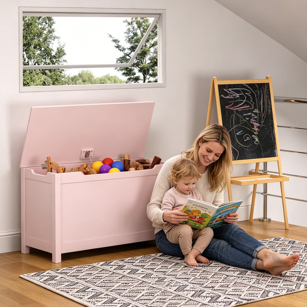 Kids Wooden Toy Box Storage with Safety Hinged Lid for Ages 2+ (Pink) - Grand Goldman