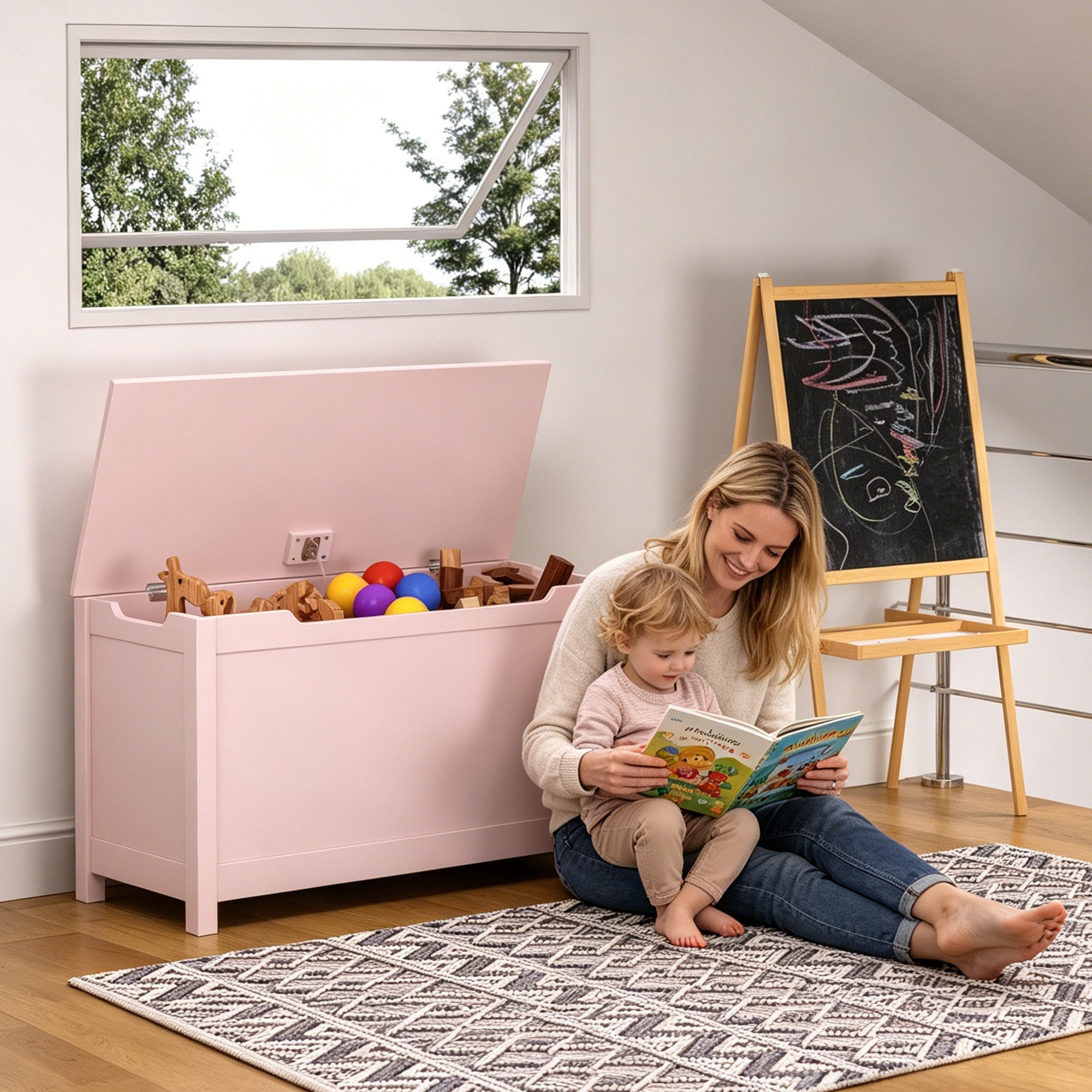 Kids Wooden Toy Box Storage with Safety Hinged Lid for Ages 2+ (Pink) - Grand Goldman