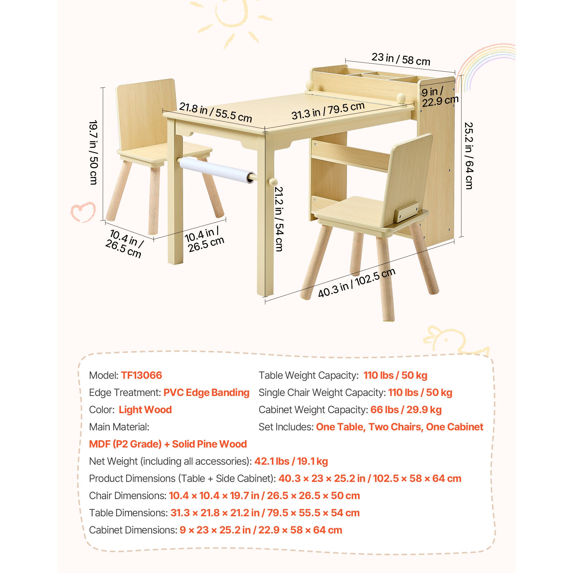 Kids Art Table and Chair Set, Toddler Craft Table with 3 Tiers Storage Cabinet, Wooden Kids Activity Play Desk with 2 Chairs,