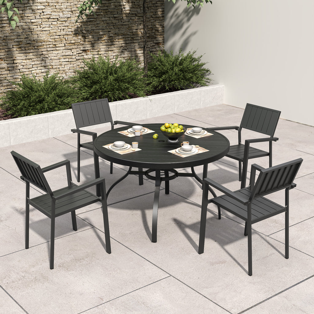 5-Piece Outdoor Patio Dining Set , 47' Round Wood-Grain Slat Table w/ Umbrella Hole + 4 Stacking Metal Chairs (350 lbs Capacity) , Rustproof, Breathable Design, 30-Min Assembly, Patio, Garden, Balcony
