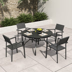 5-Piece Outdoor Patio Dining Set , 47' Round Wood-Grain Slat Table w/ Umbrella Hole + 4 Stacking Metal Chairs (350 lbs Capacity) , Rustproof, Breathable Design, 30-Min Assembly, Patio, Garden, Balcony