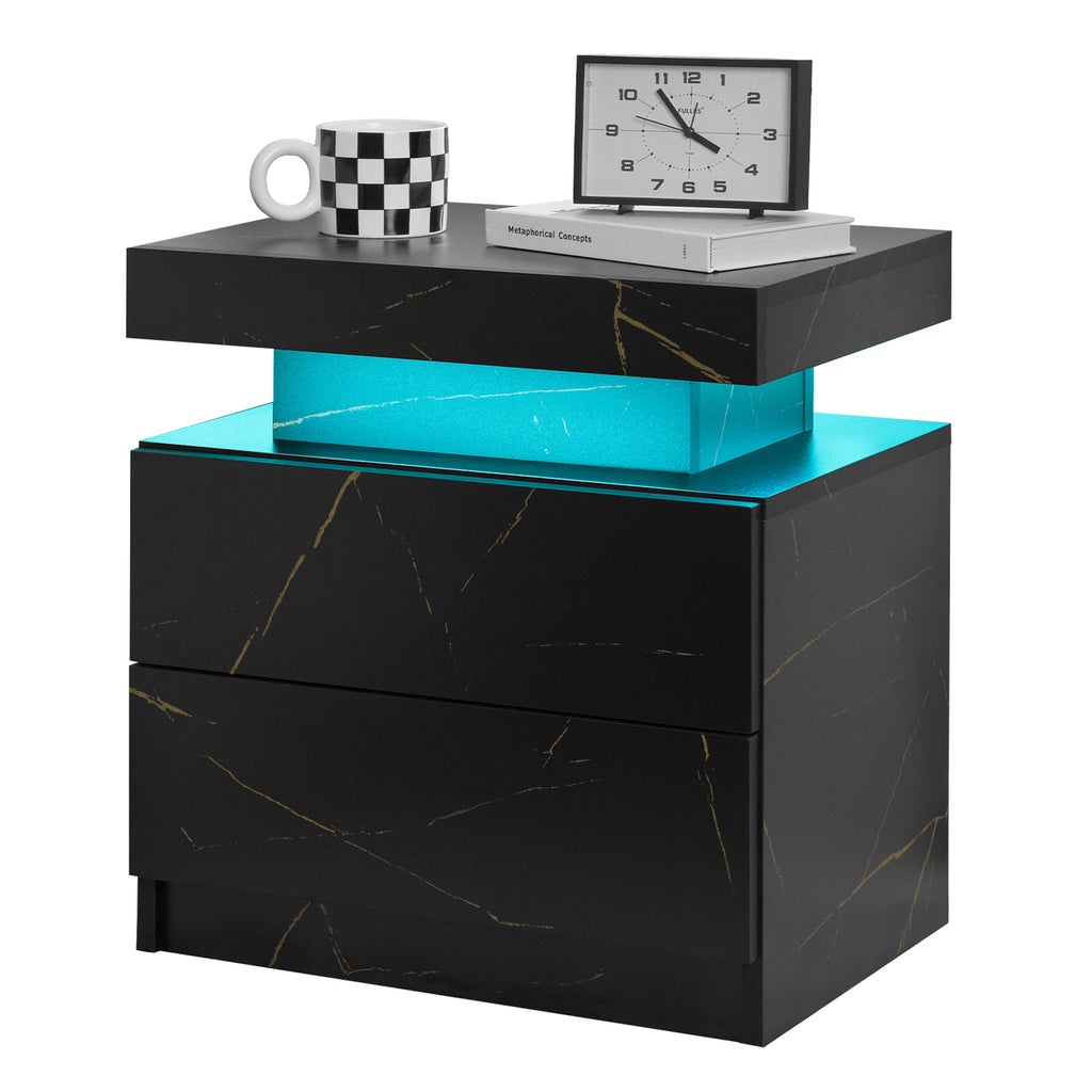 Nightstand LED Bedside Table Cabinet Lights Modern End Side with 2 Drawers for Bedroom (Black Gold) - Grand Goldman Shop