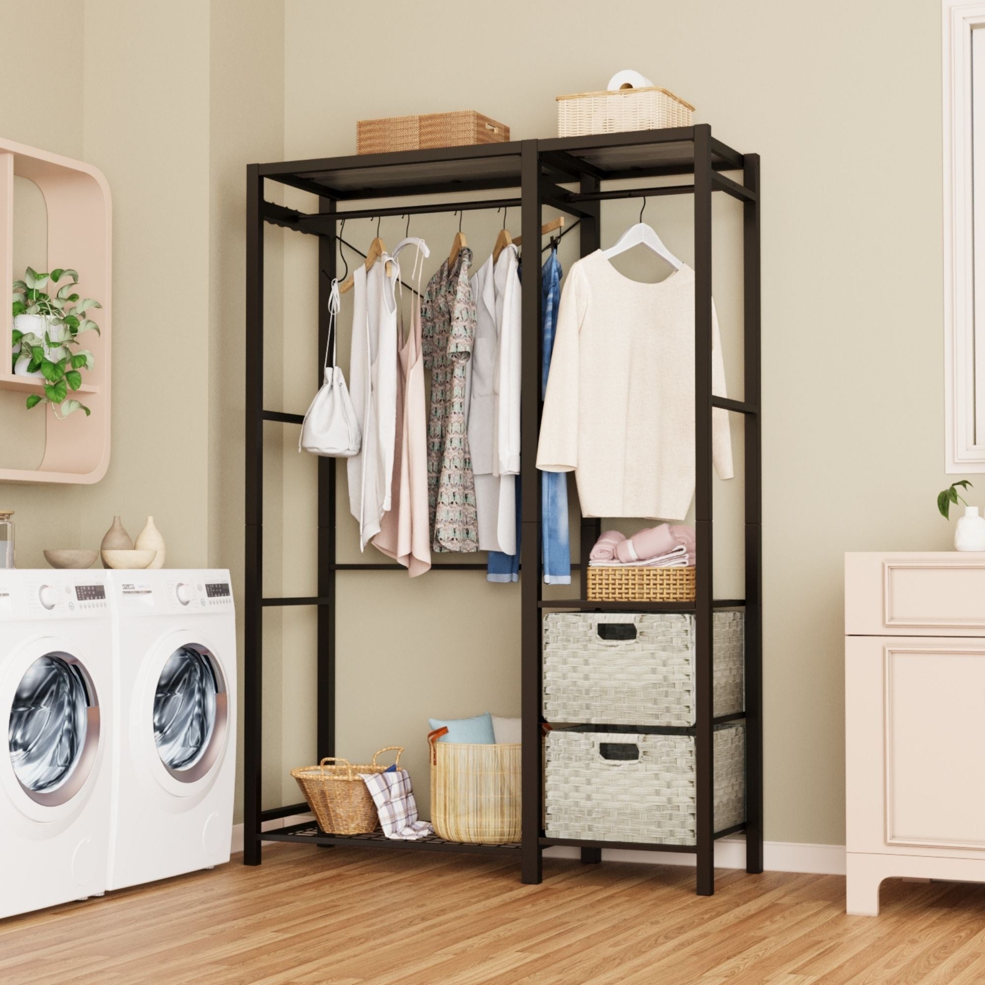 Acacia Wood Garment Rack with Shelves, 2 Wicker Drawers, 4 Hooks, Heavy Duty Closet Organizer, Light Gray - Grand Goldman Shop