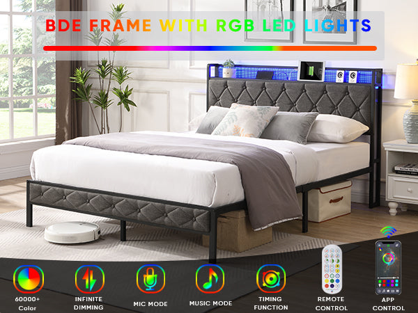 Full Bed Frame with  Storage Headboard, Charging Station and LED Lights, Upholstered Platform Bed with Heavy Metal Slats, No Box Spring Needed, Noise Free, Easy Assembly, Dark Gray - Grand Goldman Shop