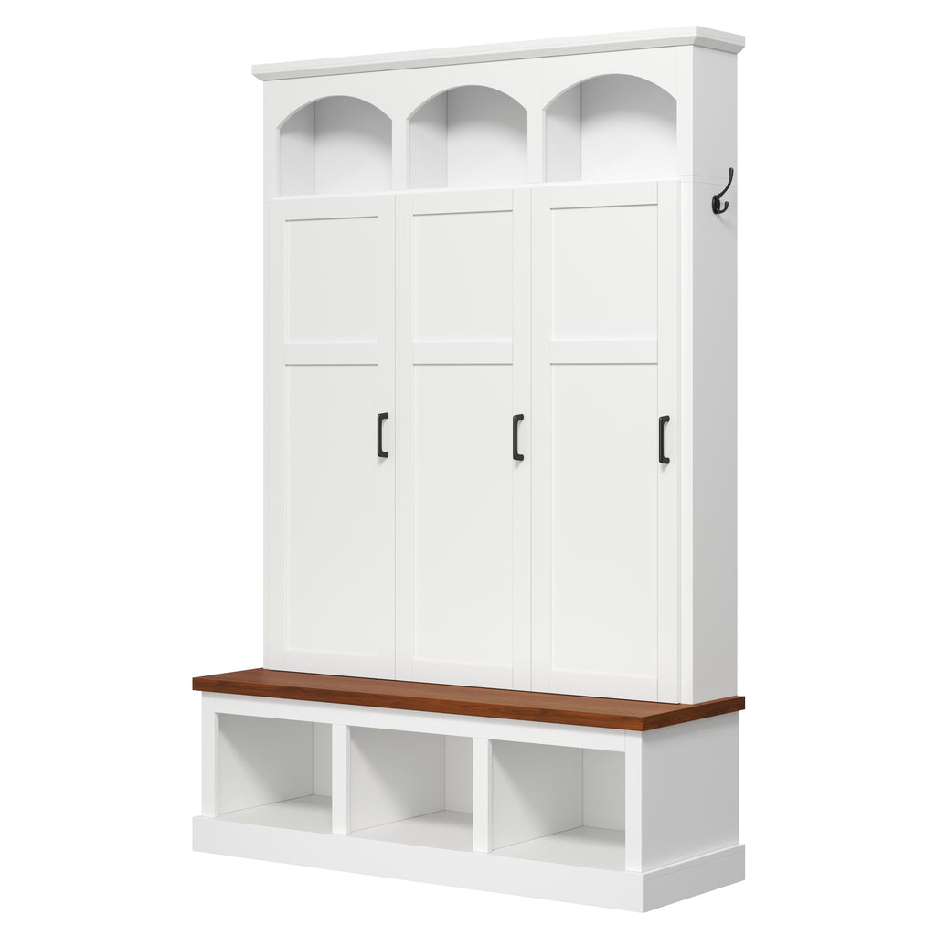 Classic Arched Design Hall Tree with 3 Hidden Storage, Farmhouse Mudroom with Walnut Bench, Mid-Century All-in-One Entryway Organizer with 5 Hooks for Hallway, White - Grand Goldman Shop