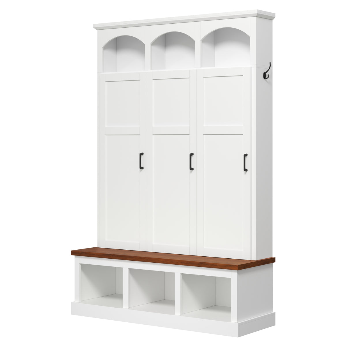 Classic Arched Design Hall Tree with 3 Hidden Storage, Farmhouse Mudroom with Walnut Bench, Mid-Century All-in-One Entryway Organizer with 5 Hooks for Hallway, White - Grand Goldman Shop