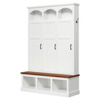 Classic Arched Design Hall Tree with 3 Hidden Storage, Farmhouse Mudroom with Walnut Bench, Mid-Century All-in-One Entryway Organizer with 5 Hooks for Hallway, White - Grand Goldman Shop