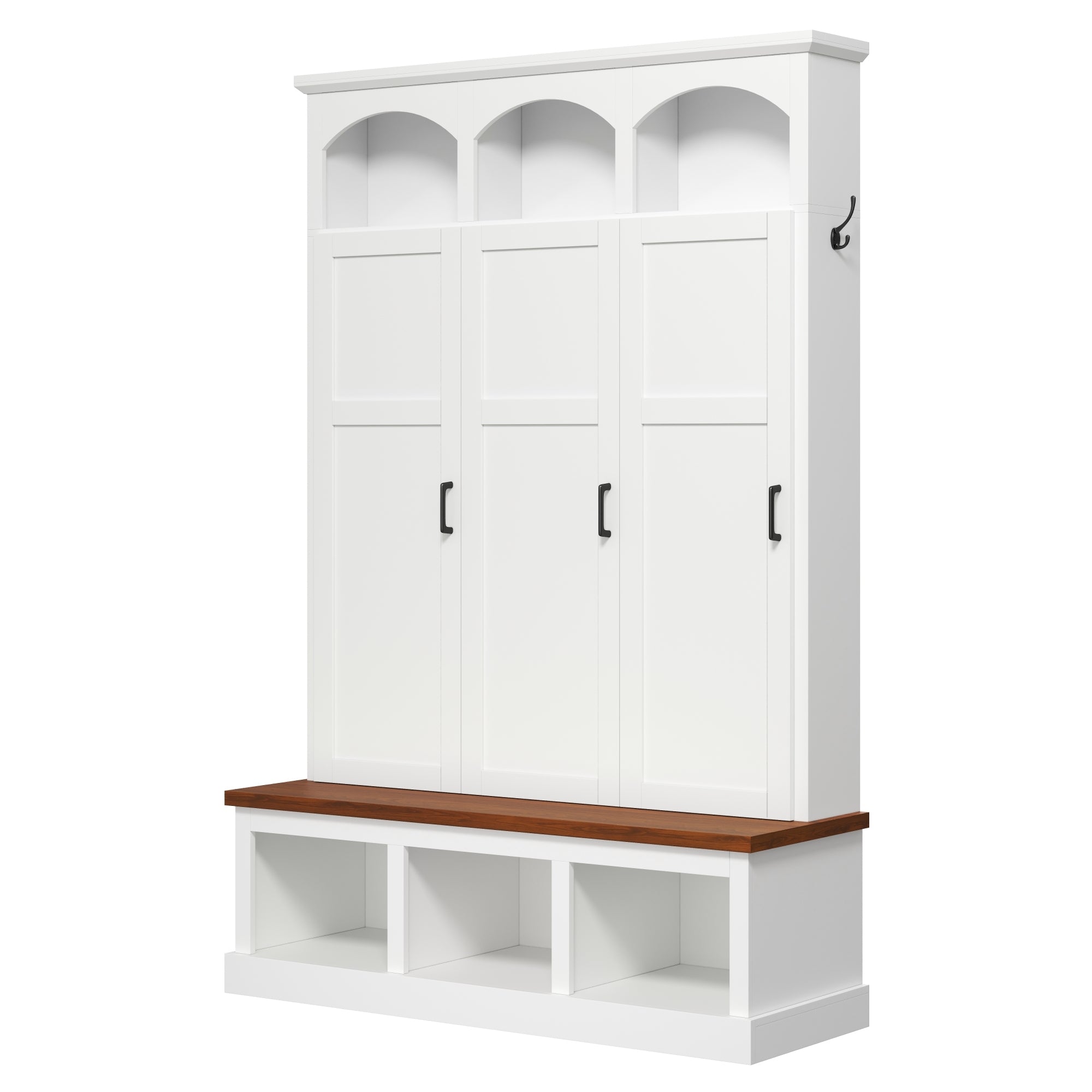 Classic Arched Design Hall Tree with 3 Hidden Storage, Farmhouse Mudroom with Walnut Bench, Mid-Century All-in-One Entryway Organizer with 5 Hooks for Hallway, White - Grand Goldman Shop