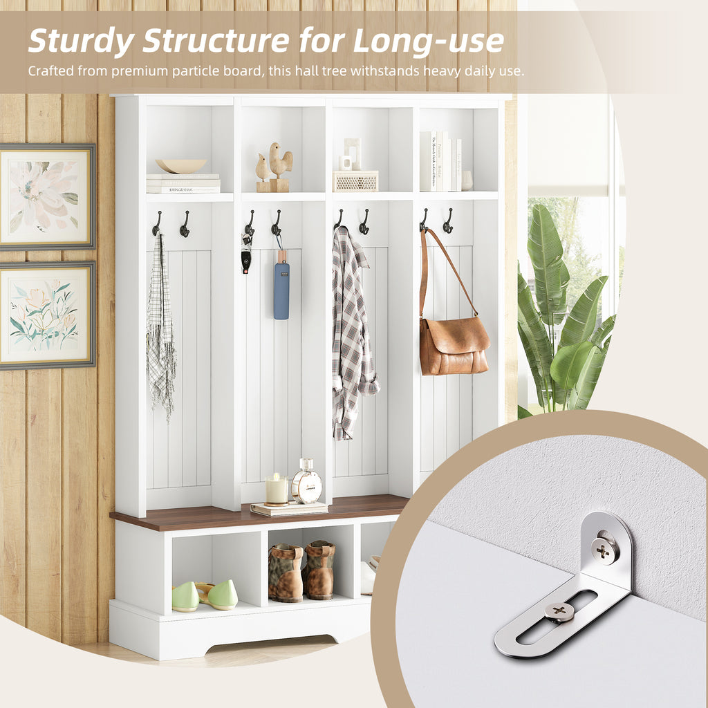 Farmhouse Hall Tree with 8 Hooks, Practical Entryway Bench with Open Compartments, 76.7'H Modern 3-in-1 Wooden Style Coat and Shoe Rack for Mudroom, Living Room, White (OLD SKU: N721P292601K) - Grand Goldman Shop
