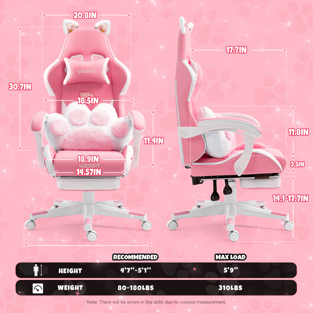 Cat Ears Pink Gaming Chair - Pink PU Leather Ergonomic Reclining Office Chair with Footrest, 310lb Capacity, 6-Position Recli