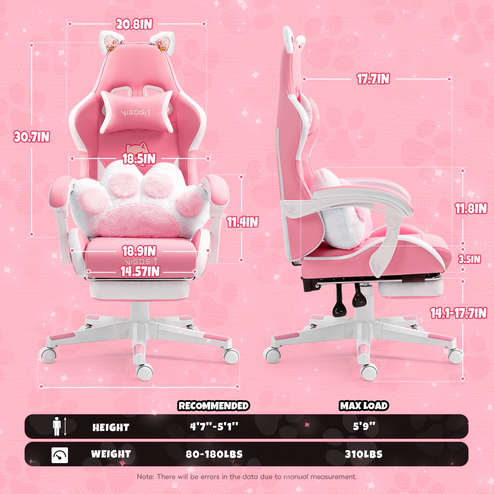 Cat Ears Pink Gaming Chair - Pink PU Leather Ergonomic Reclining Office Chair with Footrest, 310lb Capacity, 6-Position Recli