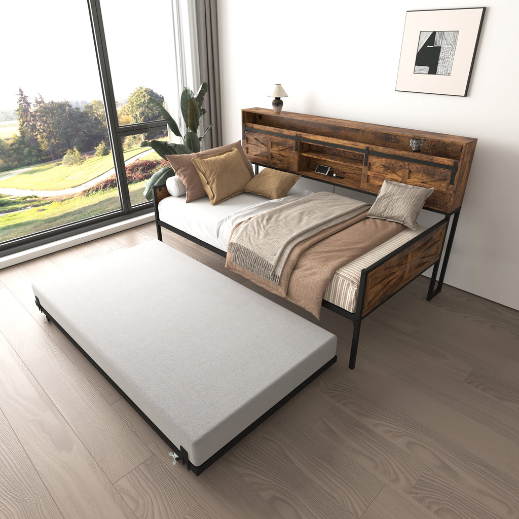 Twin Daybed with Trundle, Farmhouse Daybed Frame with Sliding Barn Door Headboard and Charging Station & LED Light for Bedroom and Guest Room, Rustic Brown - Grand Goldman Shop