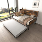 Twin Daybed with Trundle, Farmhouse Daybed Frame with Sliding Barn Door Headboard and Charging Station & LED Light for Bedroom and Guest Room, Rustic Brown - Grand Goldman Shop