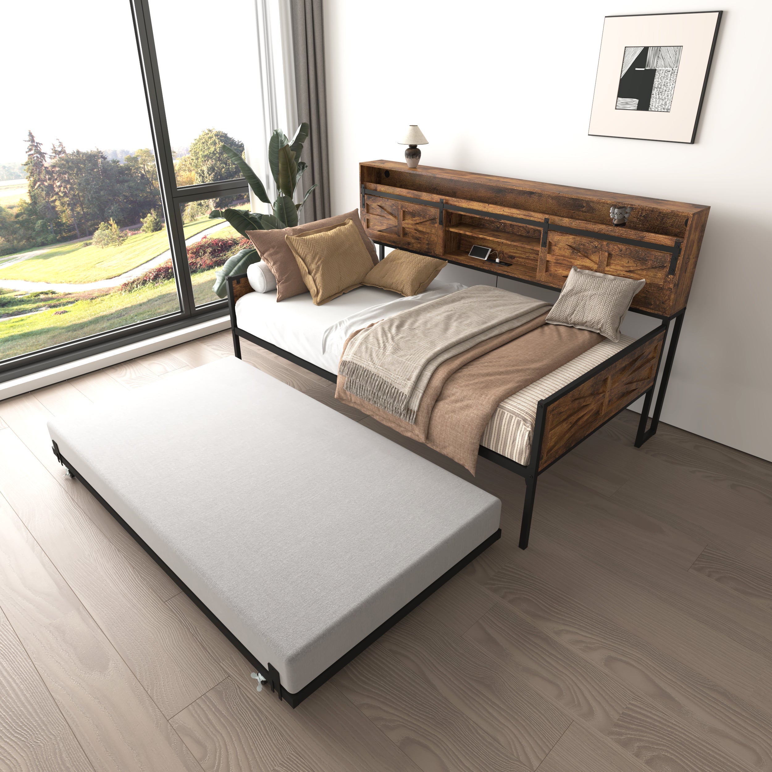 Twin Daybed with Trundle, Farmhouse Daybed Frame with Sliding Barn Door Headboard and Charging Station & LED Light for Bedroom and Guest Room, Rustic Brown - Grand Goldman Shop