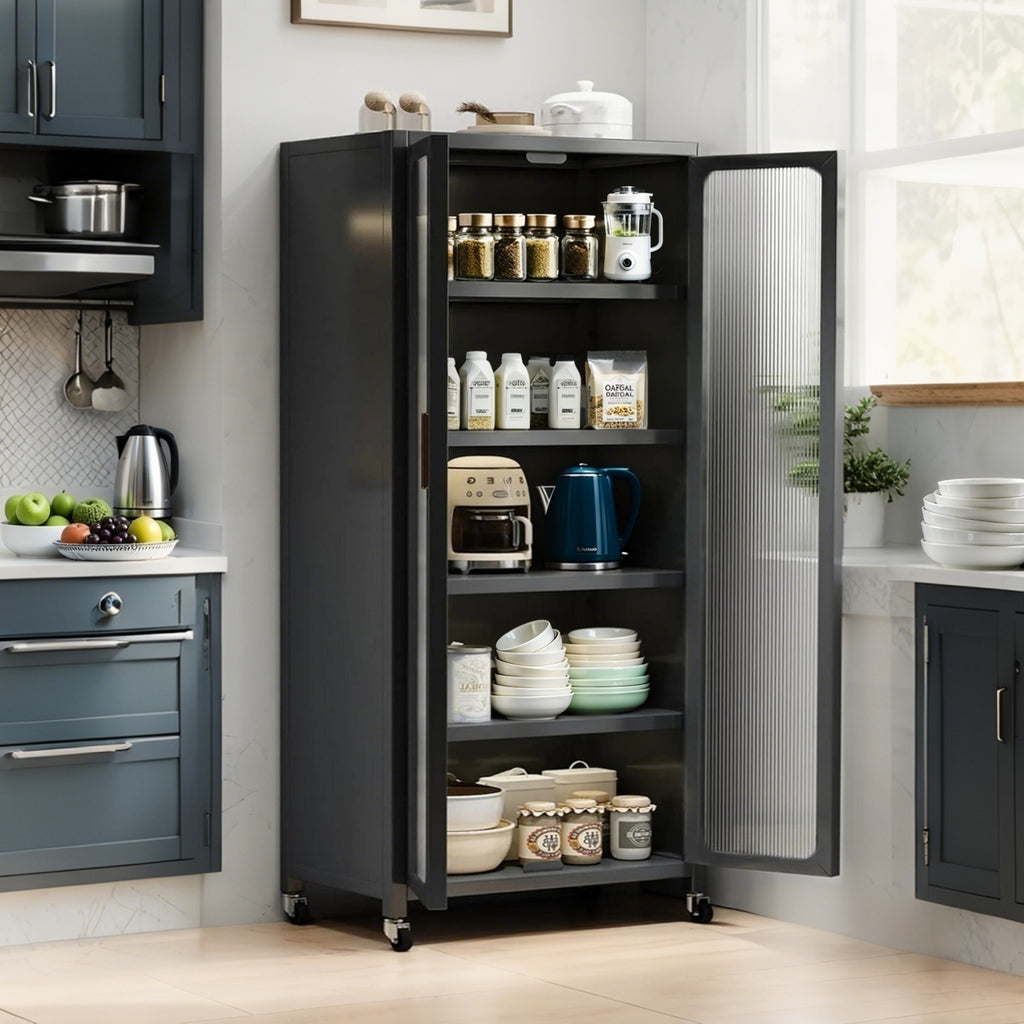 65'  Metal 6-Tier Storage Cabinet with Transparent Door, Adjustable Shelves & Wheels, for Kitchen Pantry Organization, Gray Metal - Grand Goldman Shop