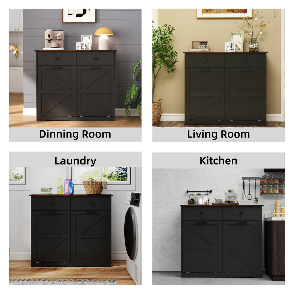 Farmhouse Black Double Tilt Out Trash Cabinet with Hideaway Drawer and Barn Door Style, Engineered Wood, 39.3''×13''×34.45'' - Grand Goldman Shop