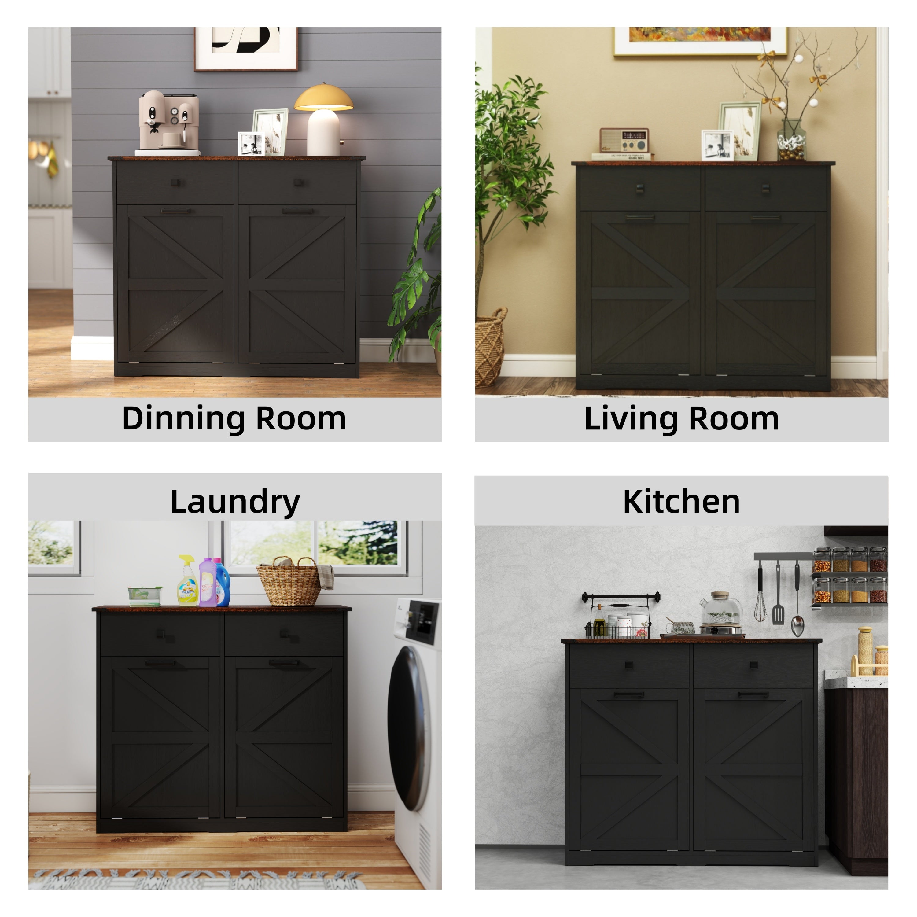 Farmhouse Black Double Tilt Out Trash Cabinet with Hideaway Drawer and Barn Door Style, Engineered Wood, 39.3''×13''×34.45'' - Grand Goldman Shop