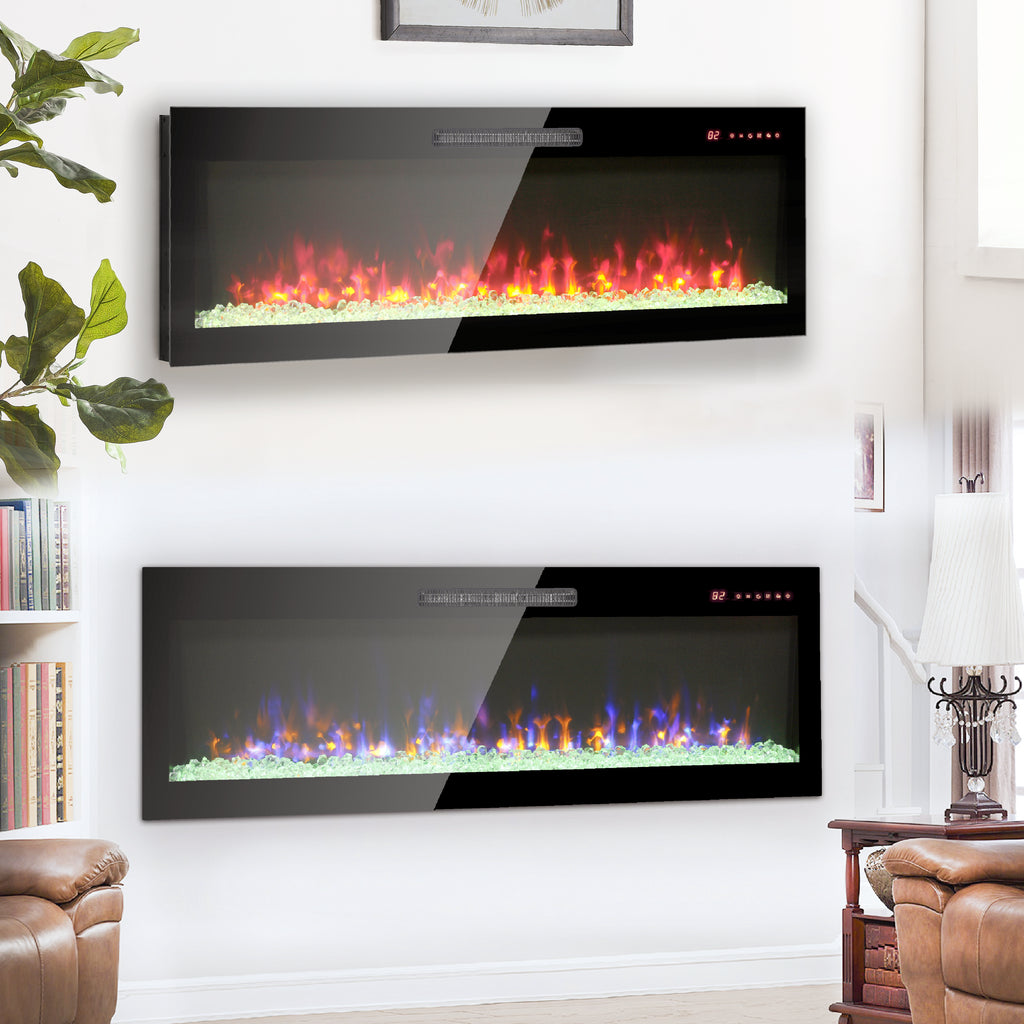 50 inch recessed ultra thin tempered glass front wall mounted electric fireplace with remote and multi color flame & emberbed, LED light heater - Grand Goldman Shop