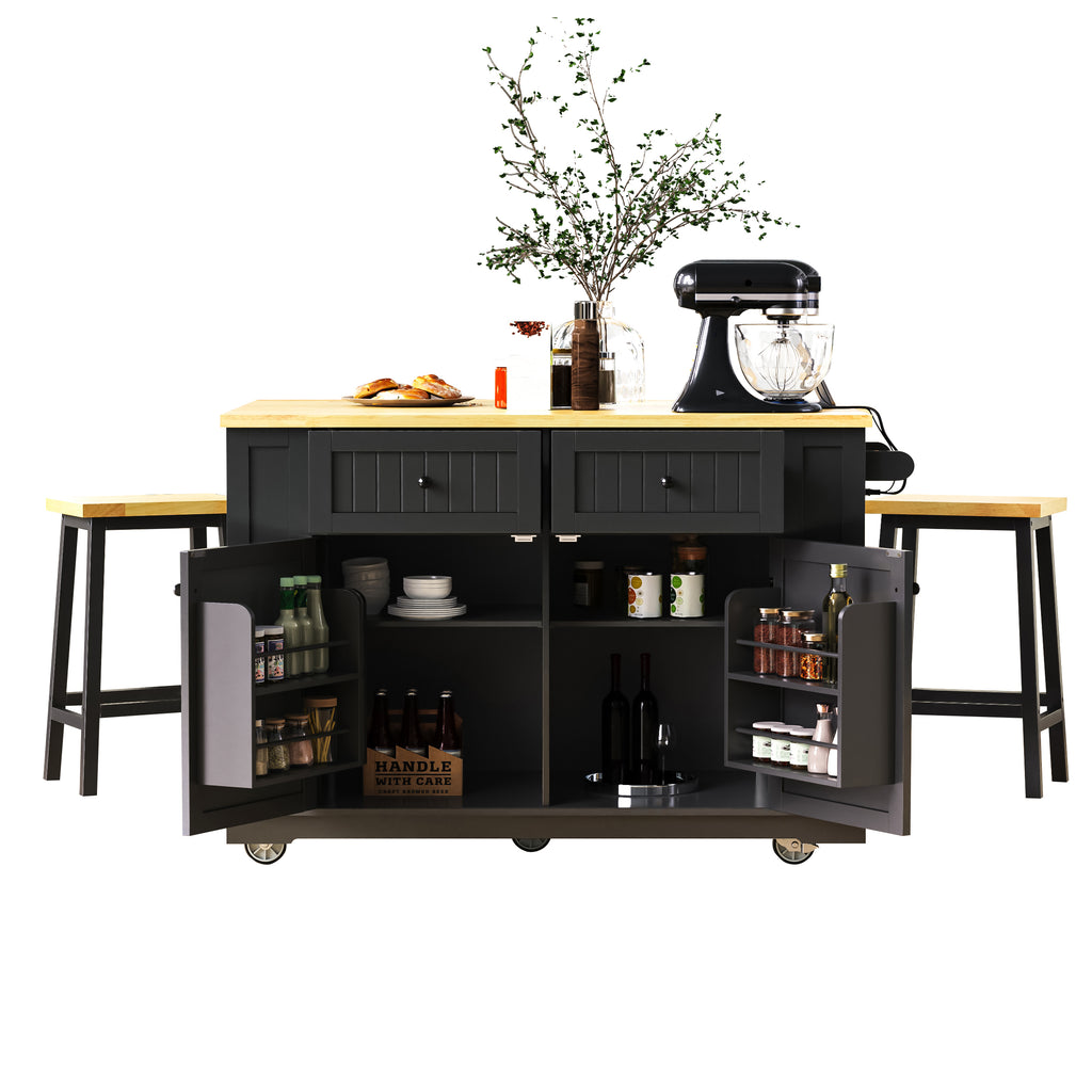 48 inch Kitchen Island with Drop Leaf,Power Outlet,Internal Storage Rack,Rolling Kitchen Storage Cart on 5 Wheels with 5 Open Side Racks,for Kitchen,Black (Old SKU N707P257057B)(Not Include Stools) - Grand Goldman Shop