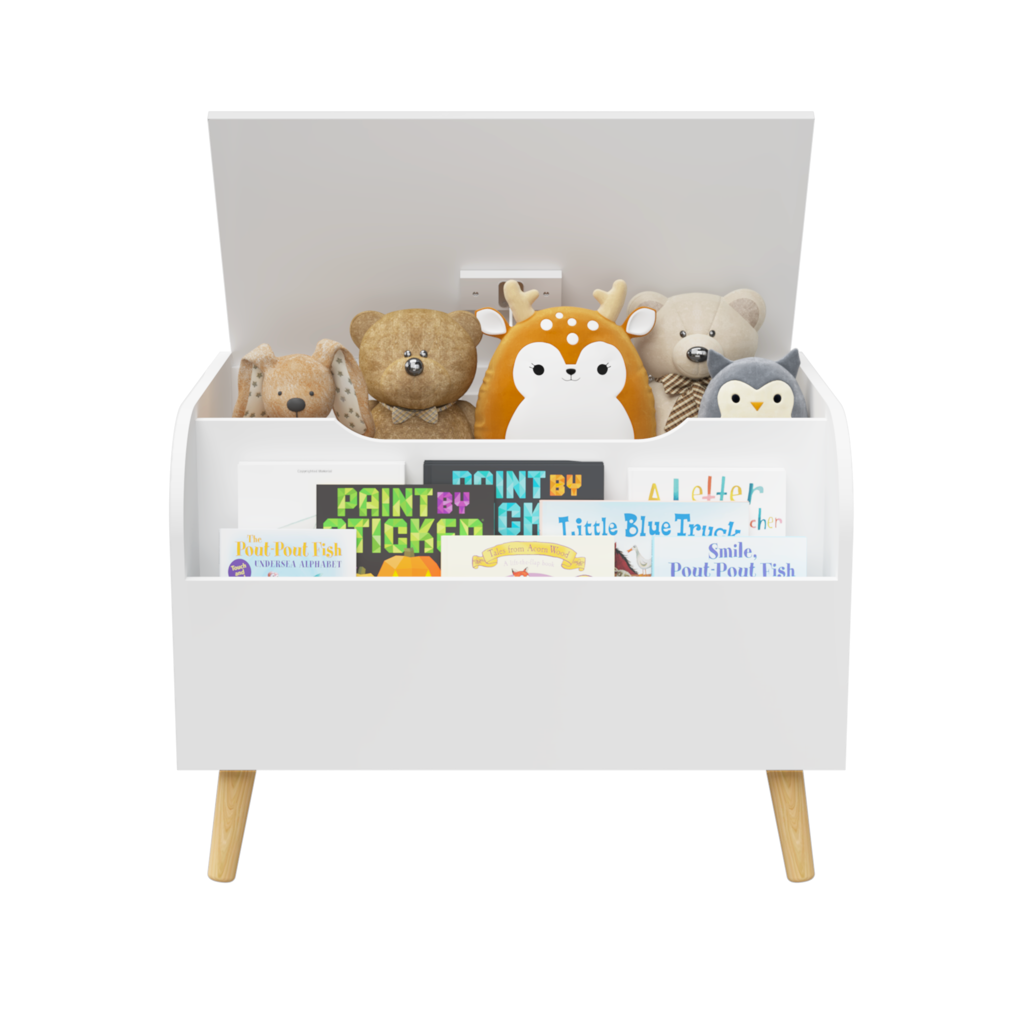 Wooden Toy Box with Front Bookshelf, Flip-Top Lid, Safety Hinge for Kids Room Organization in White, Solid Wood & MDF Constru