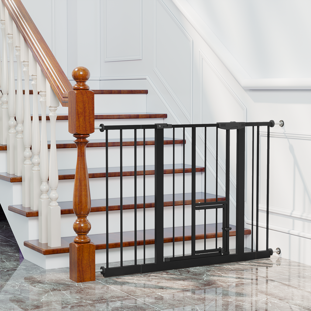 Baby Gate with Cat Door, 29.5-44.1' Metal Pet Door for Stairs & Doorways,Pressure Mounted,No Tools Needed, Black | Premium Ho