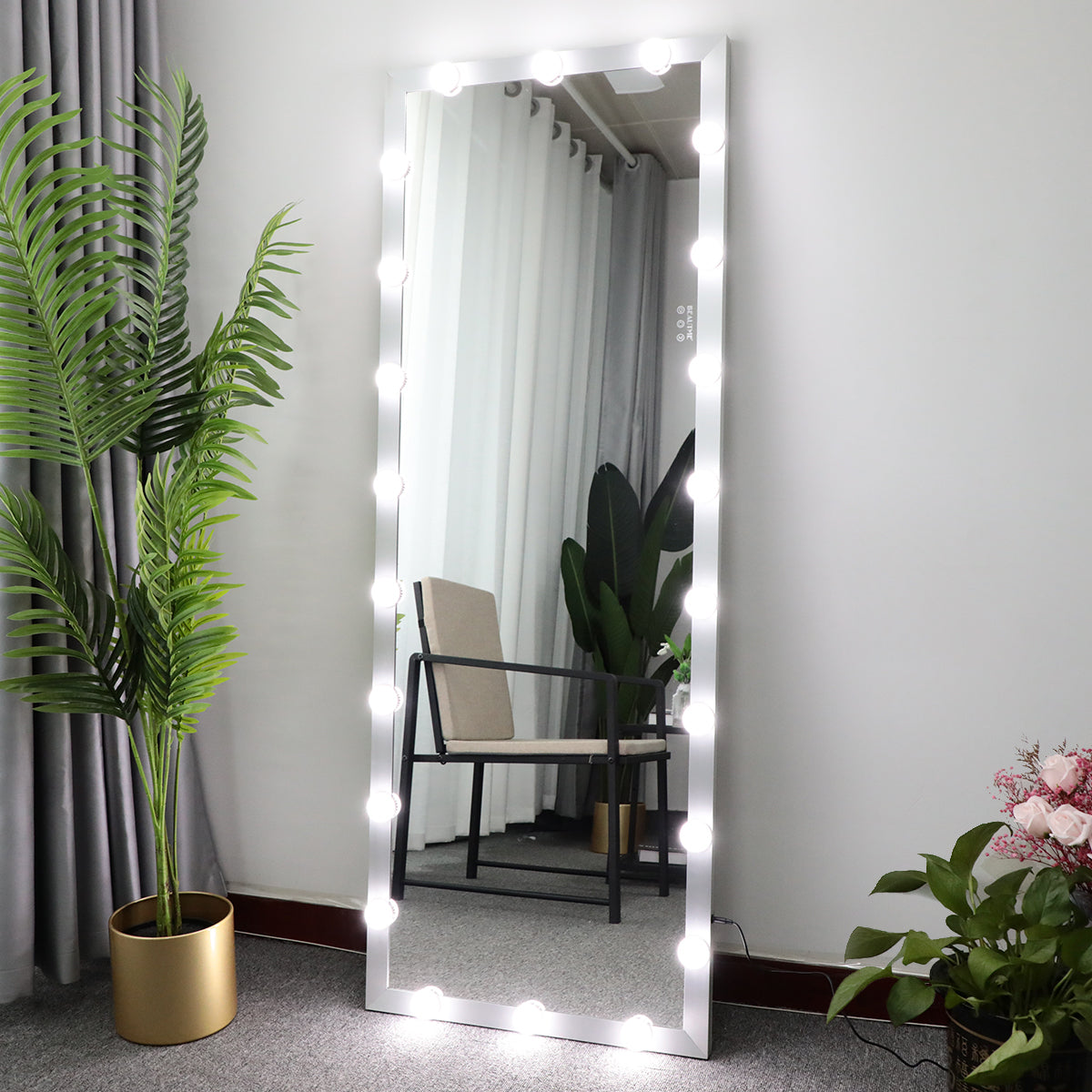 Hollywood Full Length Mirror with Lights Full Body Vanity Mirror with 3 Color Modes Lighted Standing Floor Mirror for Dressing Room Bedroom Wall Mounted Touch Control Silver 63'x24' - Grand Goldman Shop