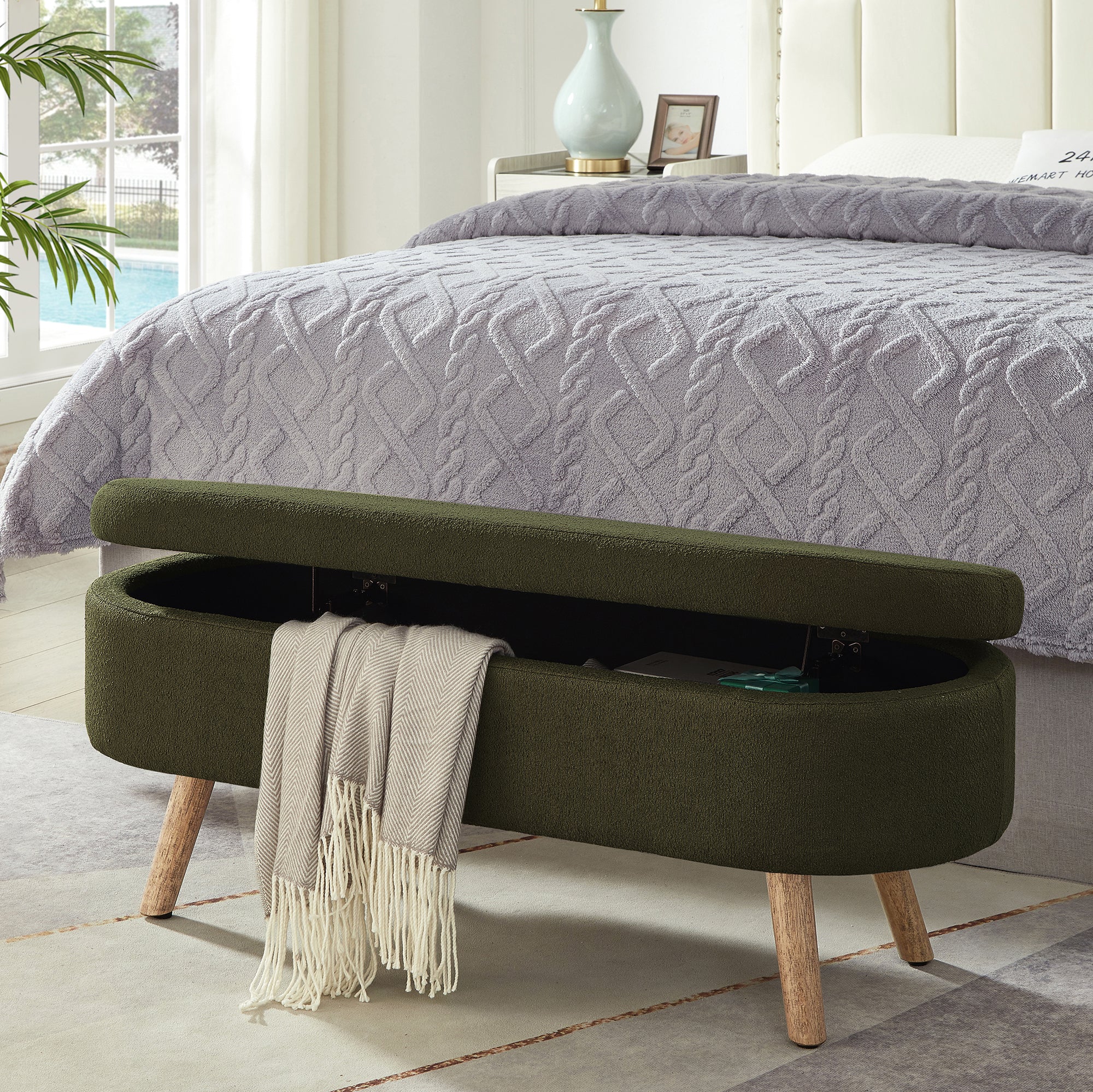 Luxury Oval Boucle Storage Ottoman Bench with Wood Legs 350lb Weight Capacity & Safety Hinge, for Living Room, Bedroom Entryway,DARK GREEN - Grand Goldman Shop