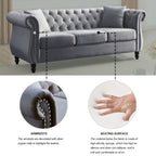 Grey Velvet 3-Seater Chesterfield Sofa with Rolled Arms and Nailhead Trim, Tufted Couch for Living Room, Bedroom, Office, Apartment, Includes Two Pillows - Grand Goldman Shop