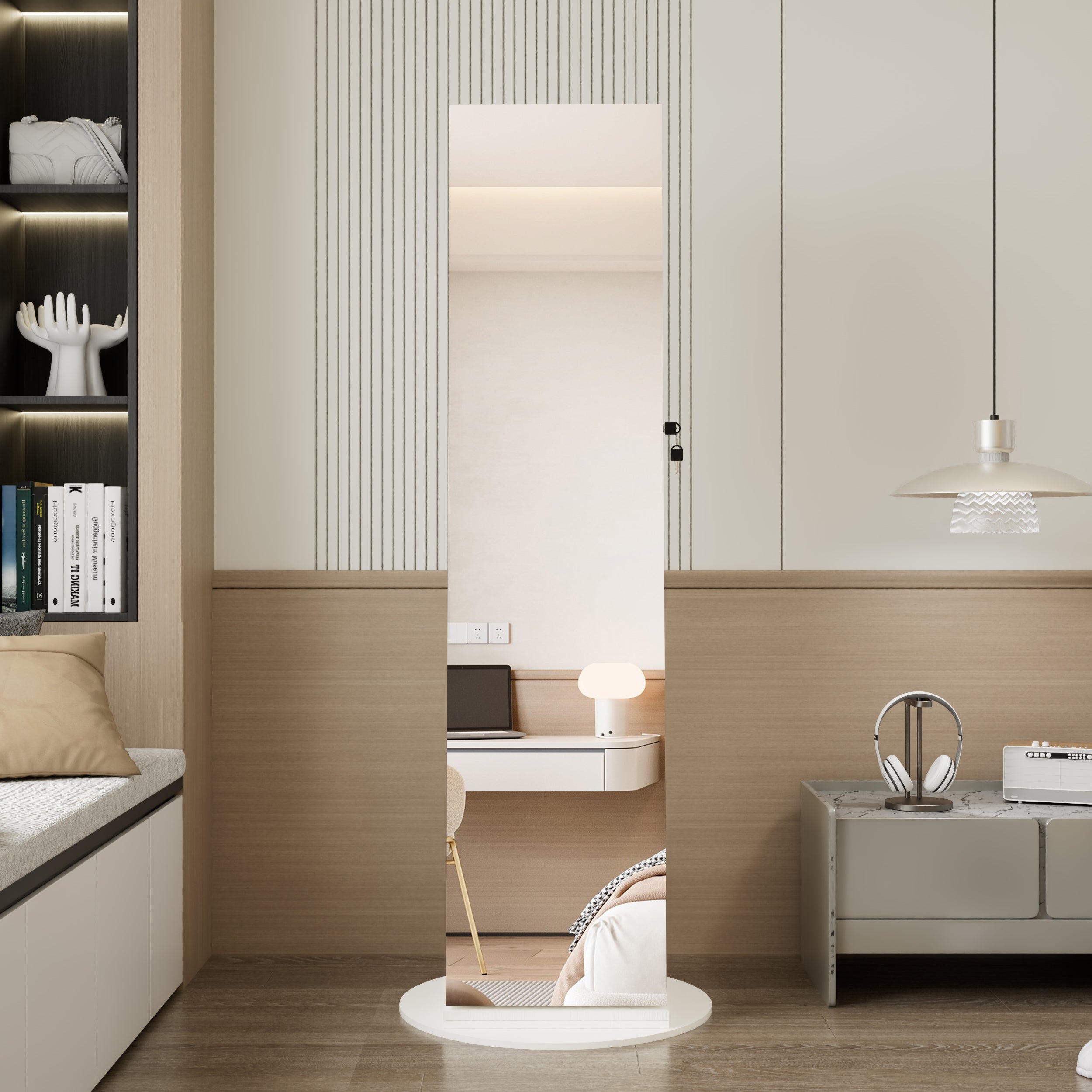 360°Swivel Jewelry Cabinet with Full Length Mirror, 360°Rotating Standing Jewelry Armoire Organizer, Lockable Storage Cabinet, Interior Lighted Mirror, White - Grand Goldman Shop