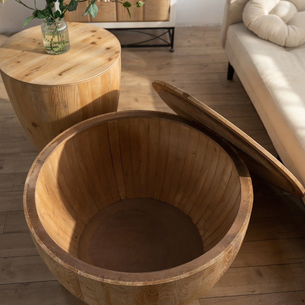 Vintage Style Barrel Coffee Table with Storage in Natural Finish, Solid Wood and MDF, 31.50' Diameter for Living Room, Dining Room, Office - Grand Goldman Shop