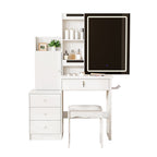 Vanity Desk Set with Sliding Lighted Mirror, Makeup Dressing Table with 4 Drawers & 9 Storage Spaces, Hidden Compartments and Cushioned Stool, White Beauty Furniture for Bedroom - Grand Goldman Shop